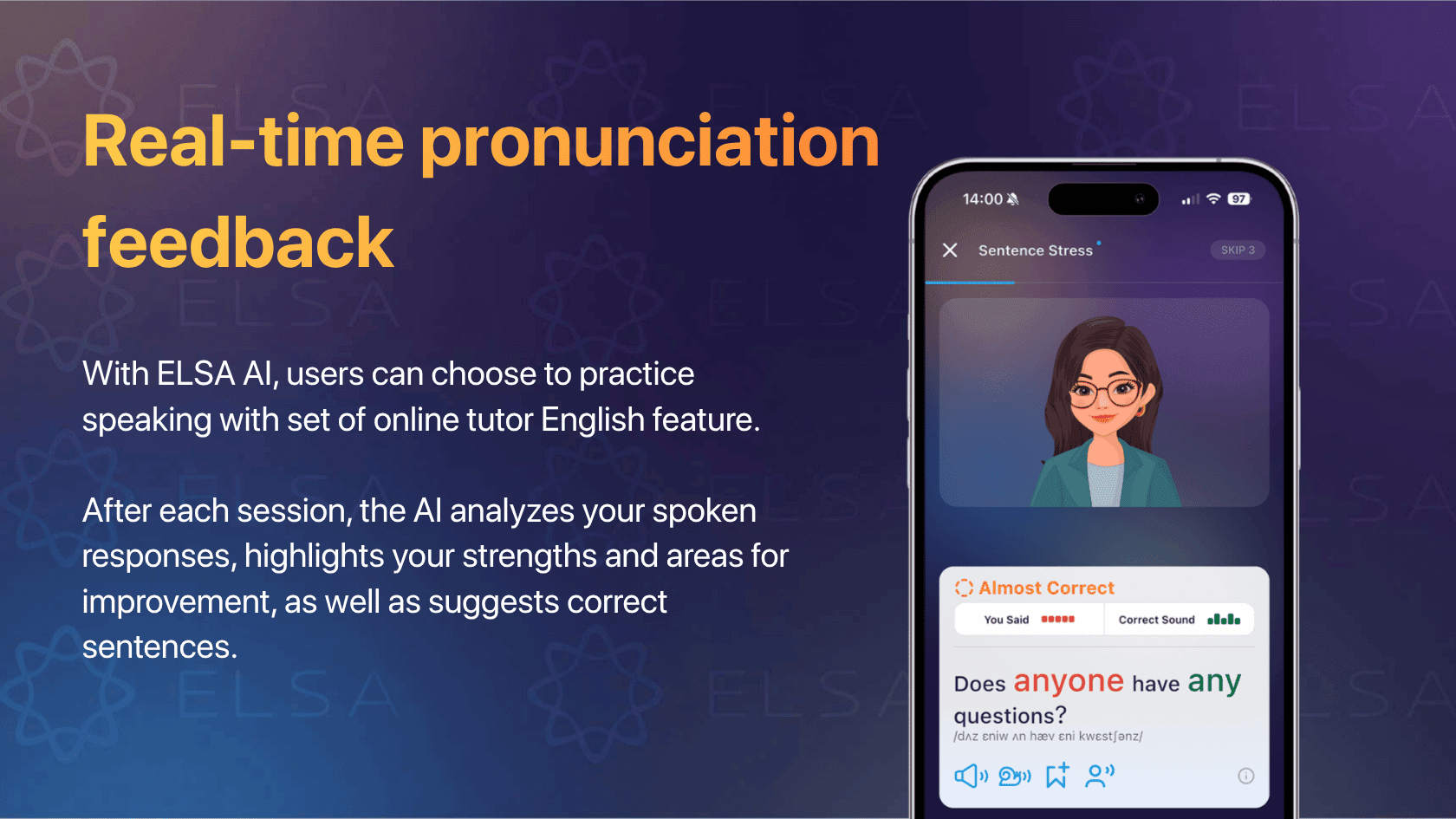 Key features of ELSA AI English online tutor: Real-time pronunciation feedback