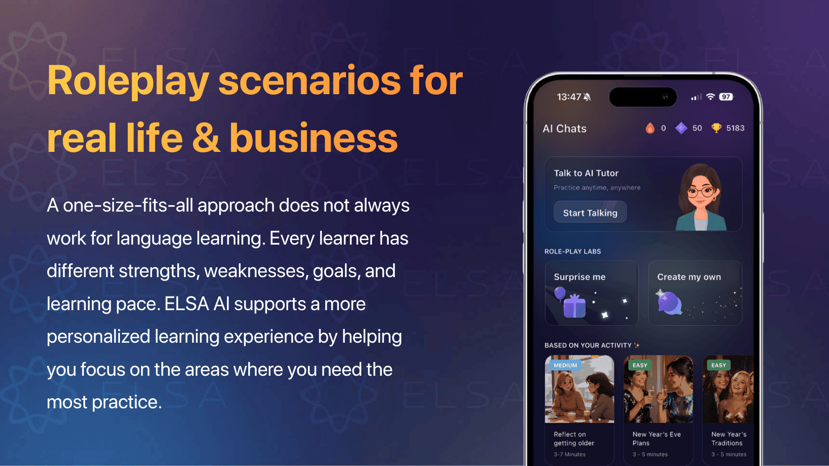Roleplay scenarios for real life & business with ELSA AI online English conversation tutor