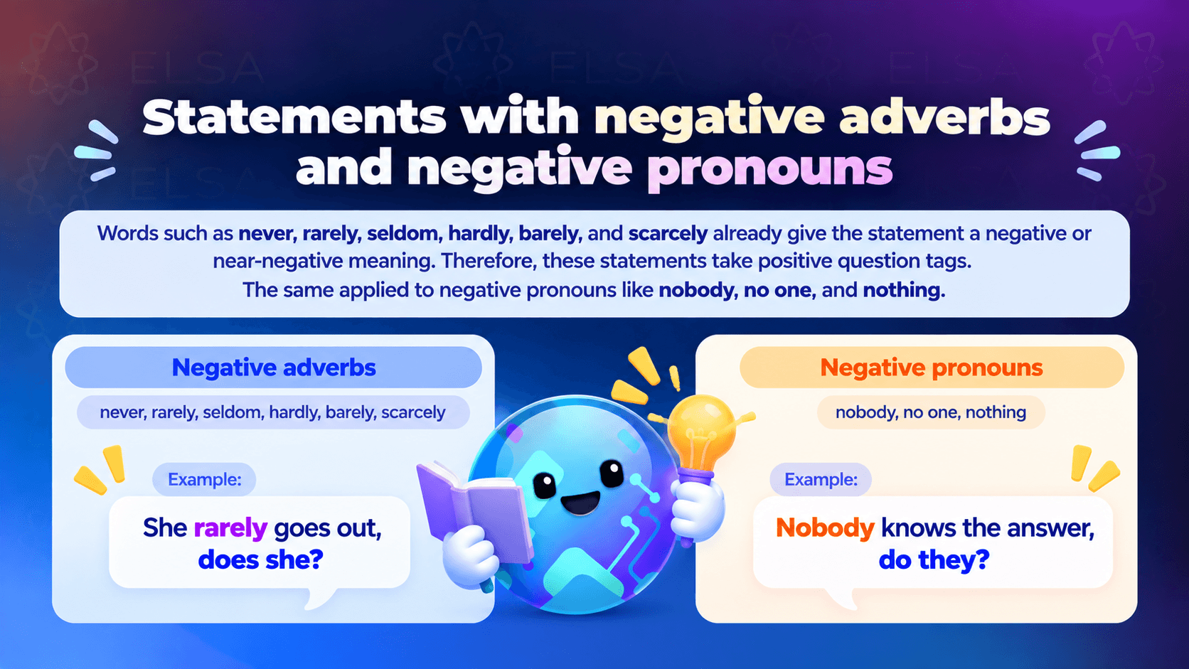 Tag questions examples about sentences with negative adverbs and pronouns