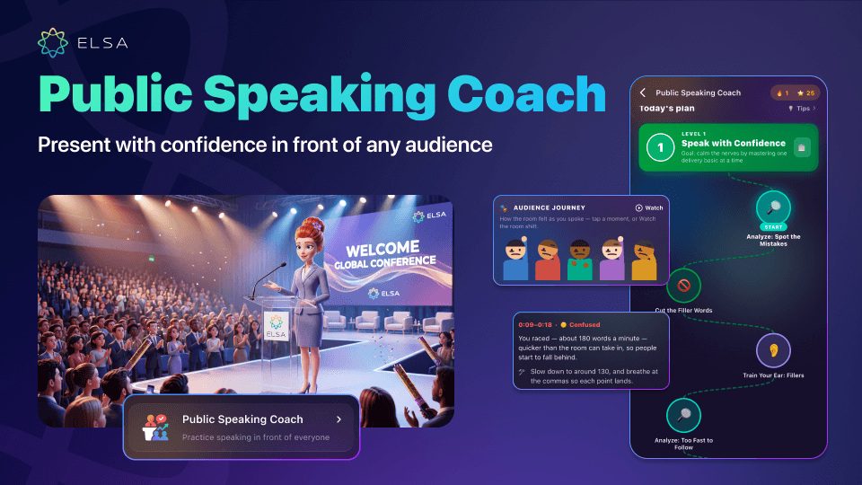 Public Speaking Coach helps you present and speak confidently in front of an audience in English