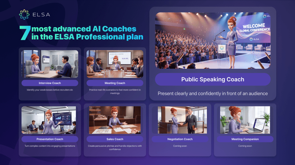 Public Speaking Coach is one of the seven advanced AI Coaches available in ELSA Professional.