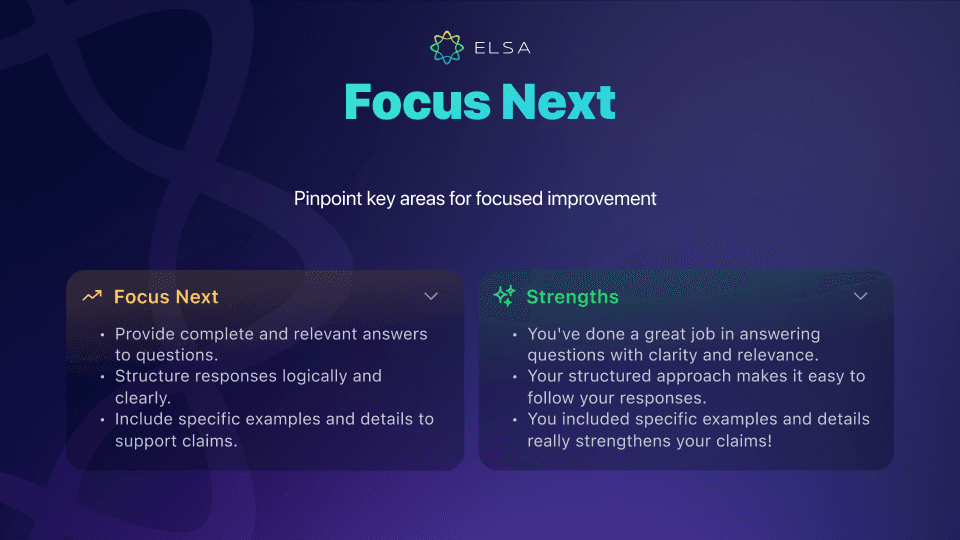 The Focus Next feature clearly highlights the learner’s key areas for improvement.