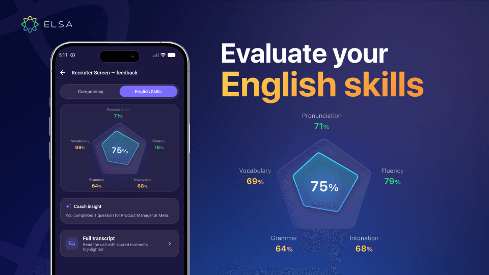 ELSA Interview Coach evaluates 5 key language skills with detailed insights