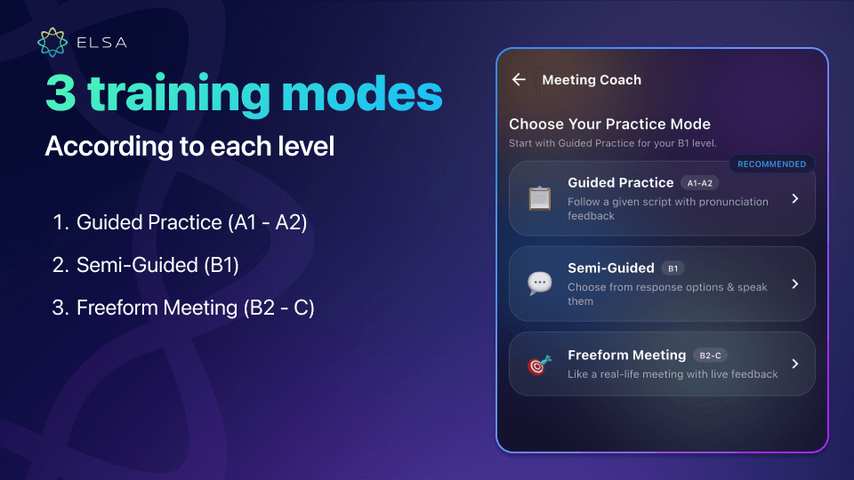 Three practice levels in Meeting Coach are tailored to each learner’s proficiency.