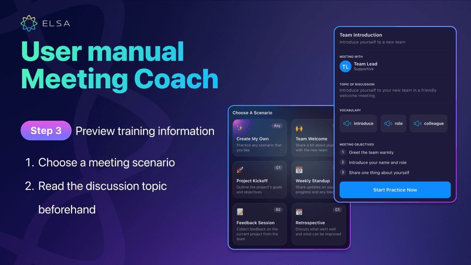 Choose a practice scenario and preview the meeting details.