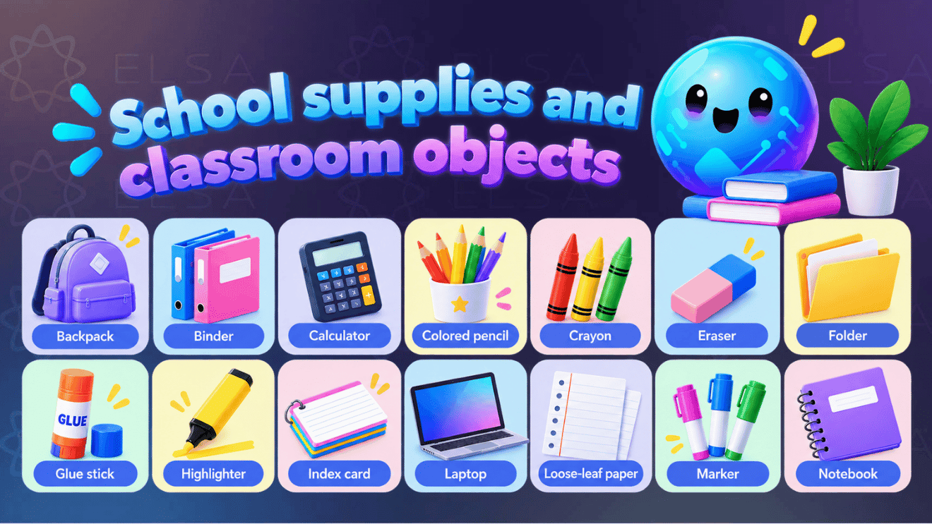 Vocabulary back to school about school supplies and classroom objects
