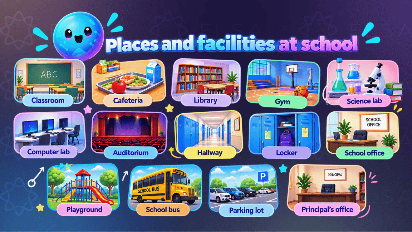 Back to school vocabulary words about places and facilities