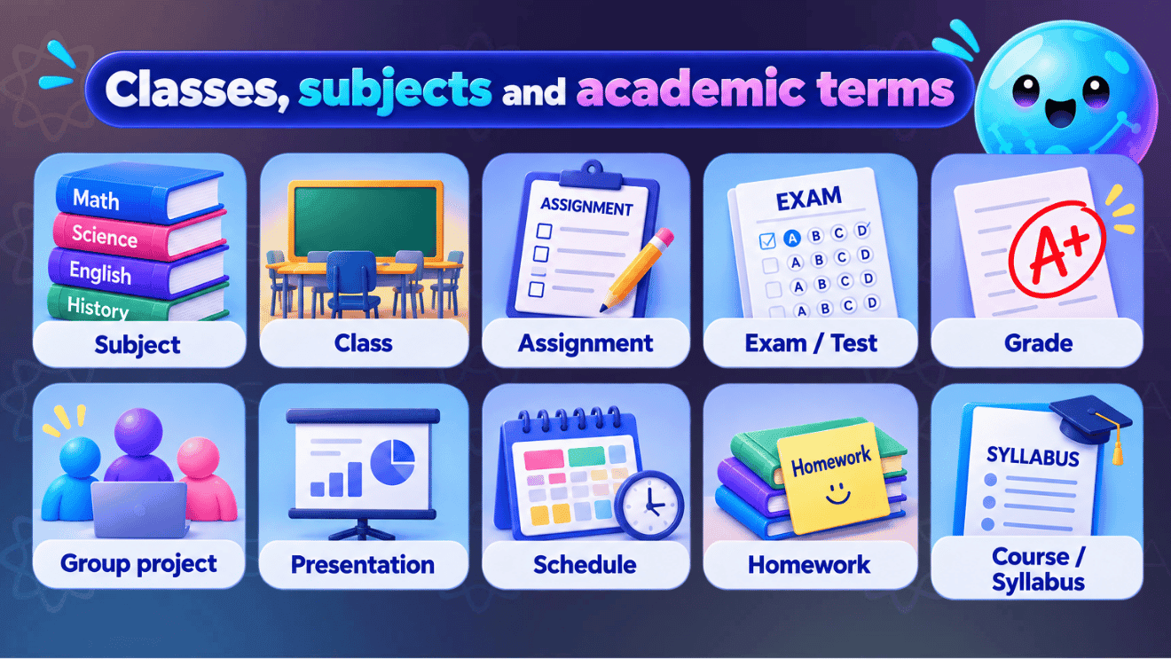 Back to school vocabulary about classes, subjects and academic terms
