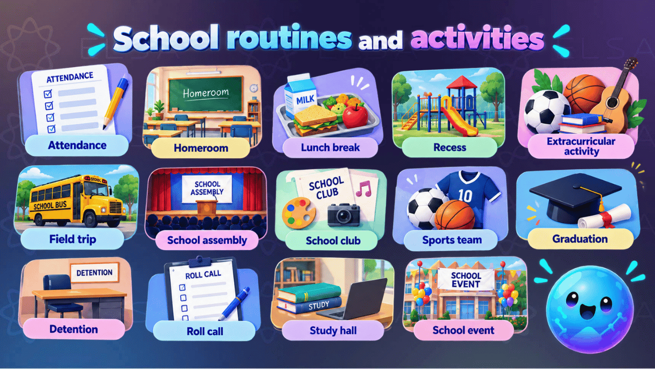 Vocabulary back to school about routines and activities