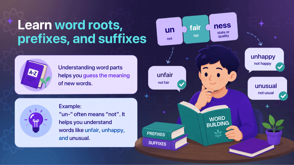 Learn word roots, prefixes, and suffixes in vocabulary