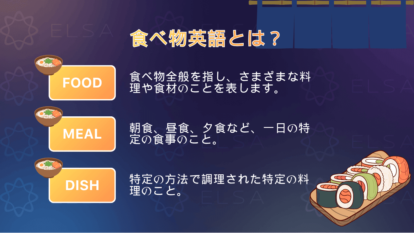 Food・Meal・Dishの意味や使い分けをまとめた内容