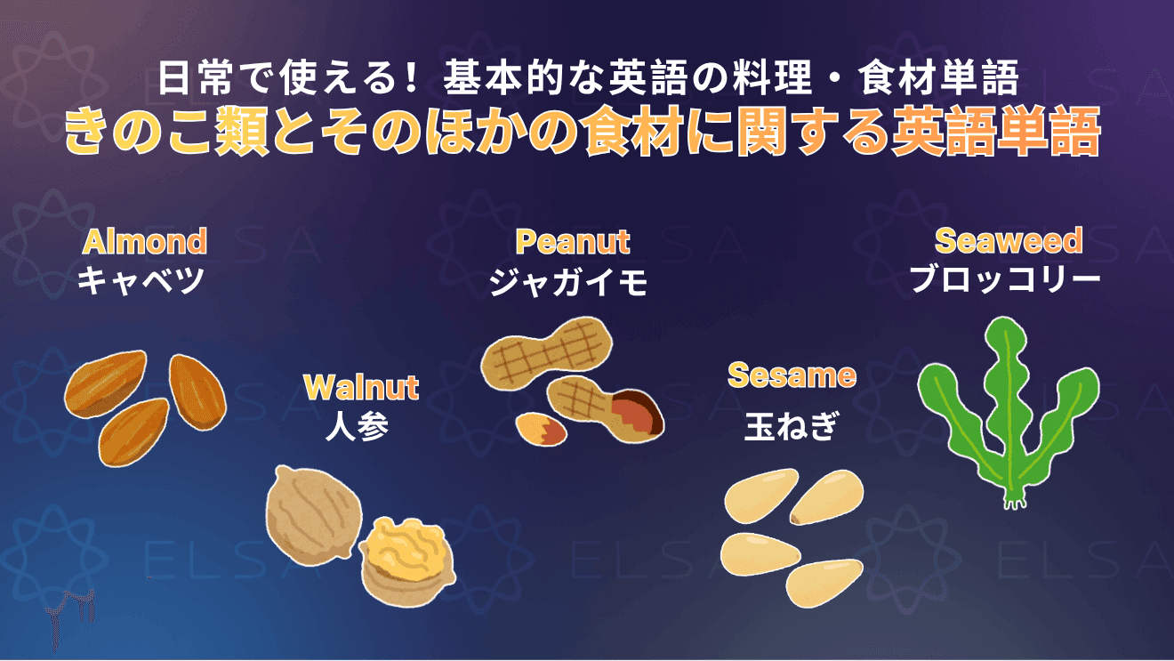 きのこ類やナッツなど身近な食材の英単語をまとめた内容