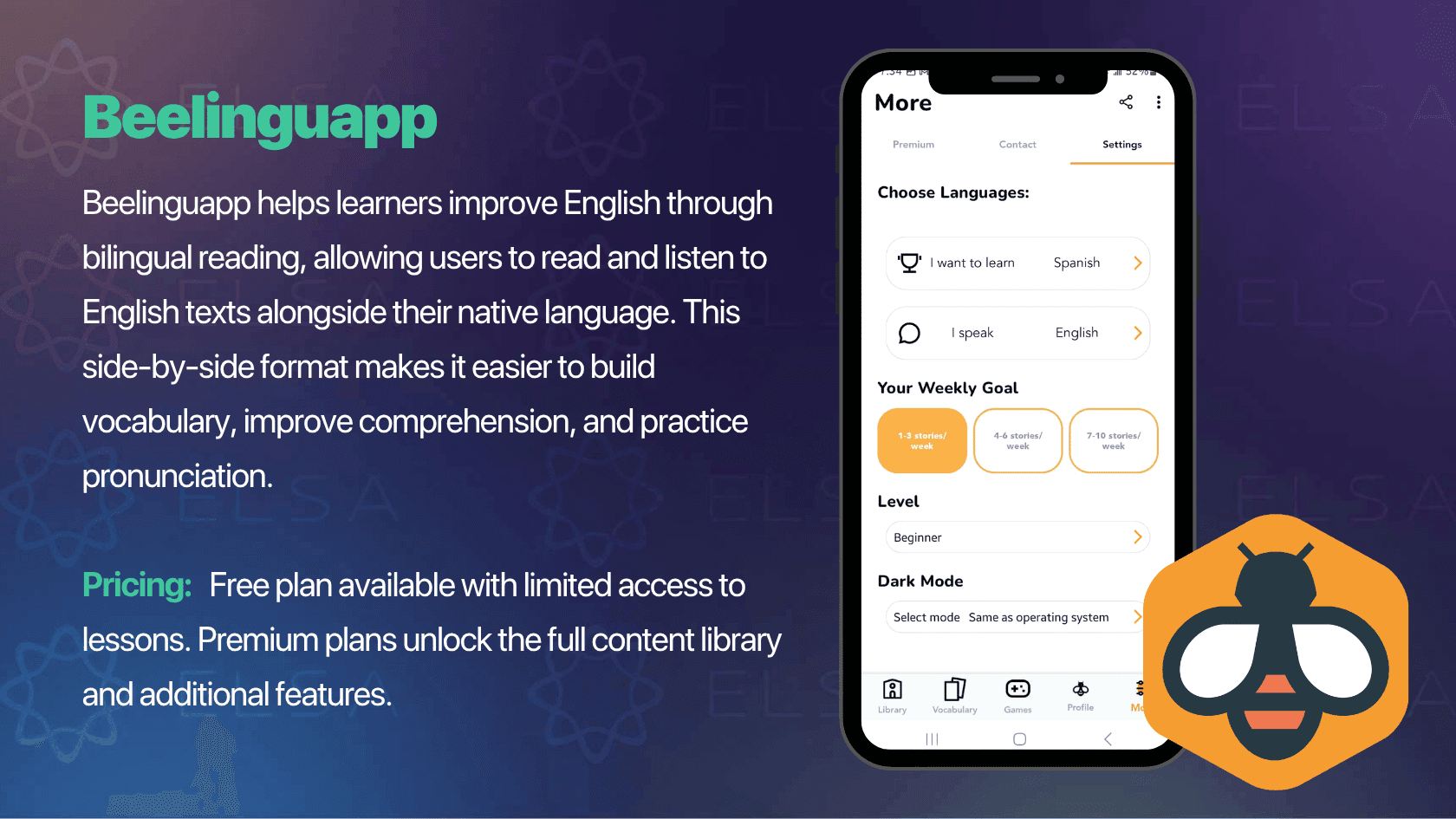 Free learning English app: Beelinguapp