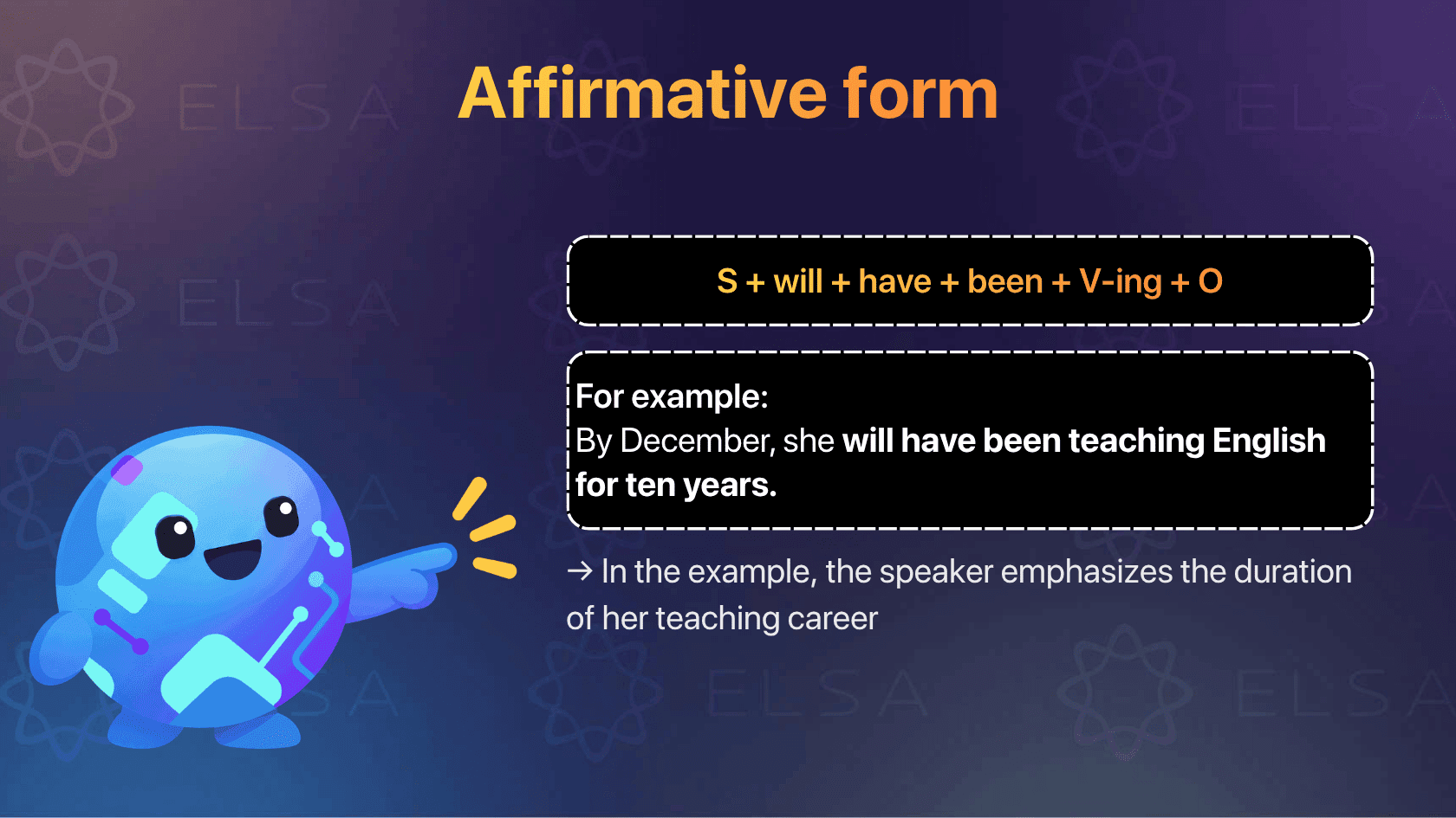The affirmative form is used to describe an activity that will have continued for a particular duration by a future point. 