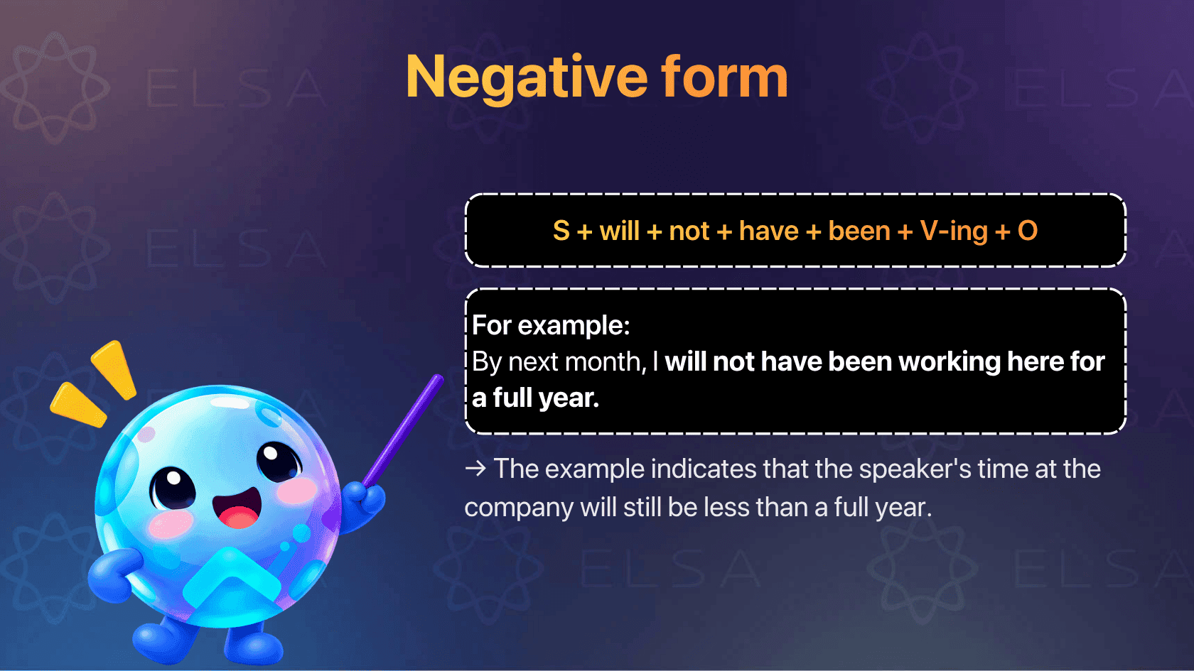 The negative form is used to emphasize that an activity will not have continued for a particular duration by a future point. 