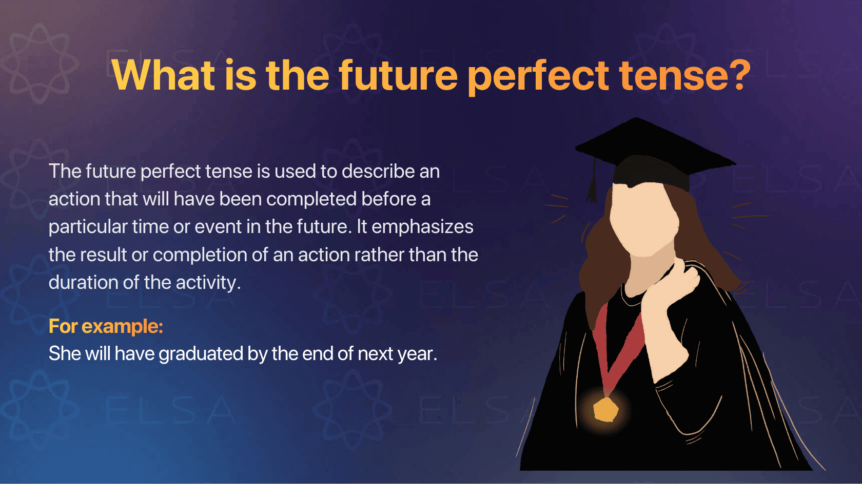 The future perfect tense is used to describe an action that will have been completed before a particular time or event in the future