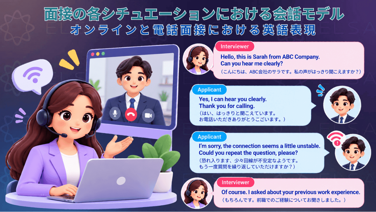 オンライン面接や電話面接で役立つ英語表現と会話例をまとめた内容