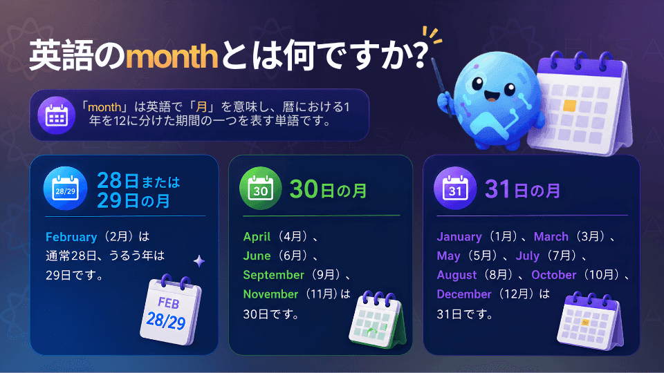「month」は英語で「月」を意味し、暦における1年を12に分けた期間の一つを表す単語です