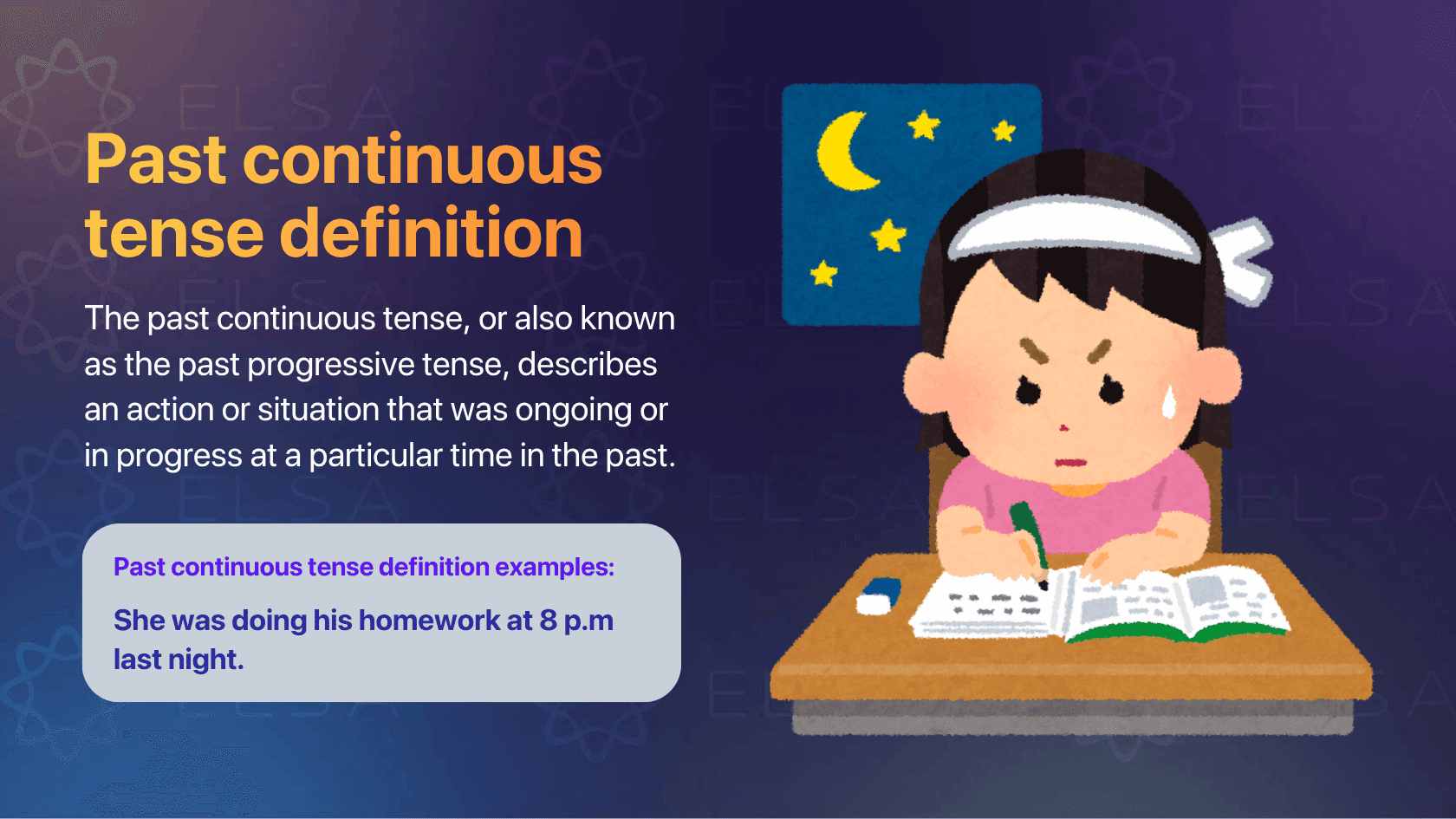 The past continuous tense describes an action or situation that was ongoing or in progress at a particular time in the past.
