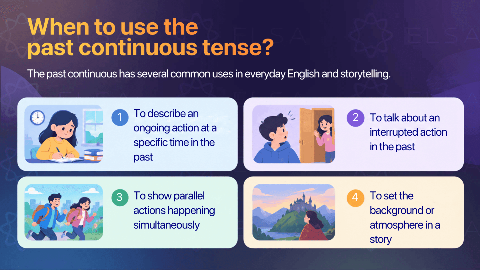 The past continuous has several common uses in everyday English and storytelling.