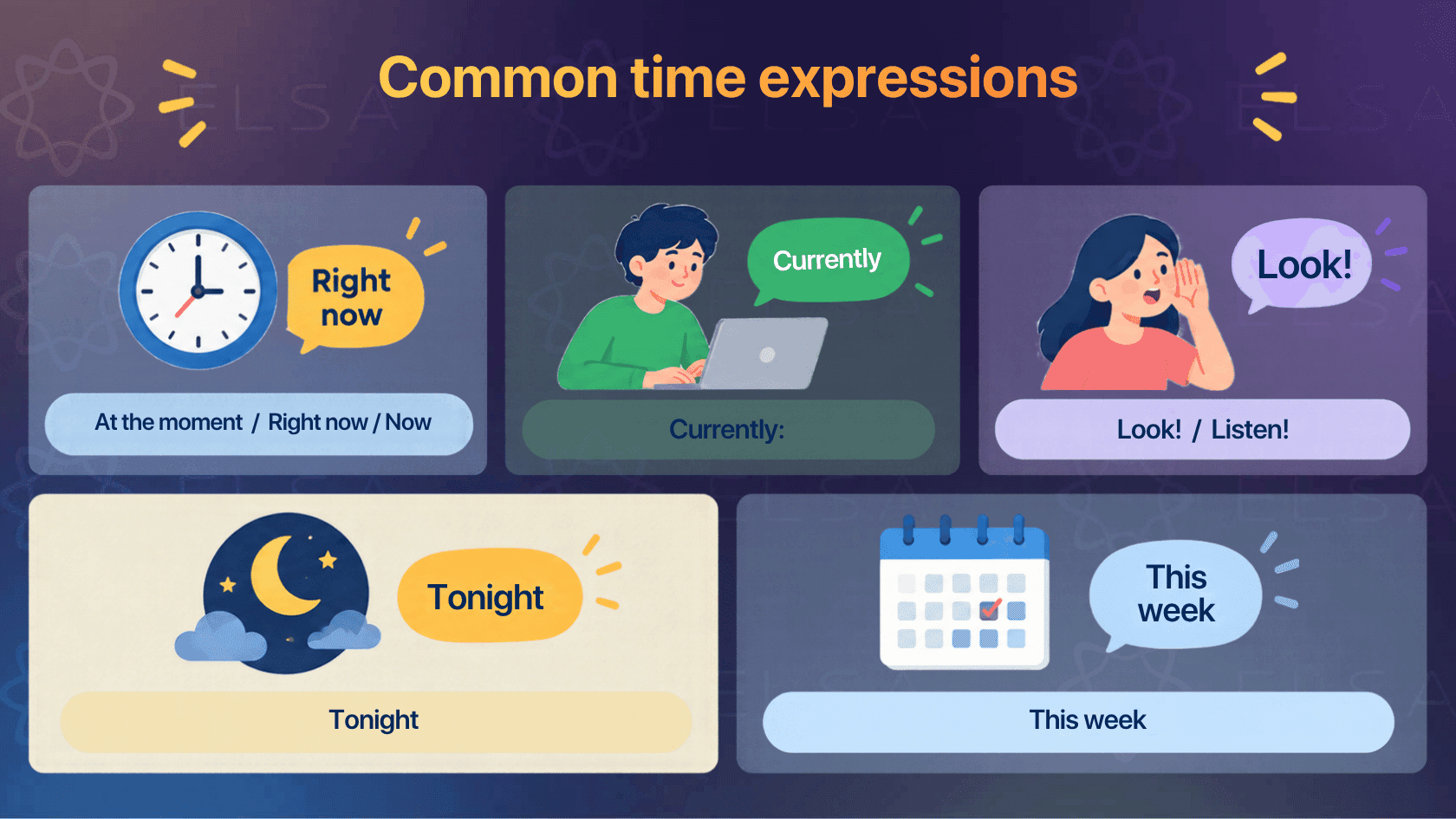 Certain time expressions commonly appear with the present continuous tense