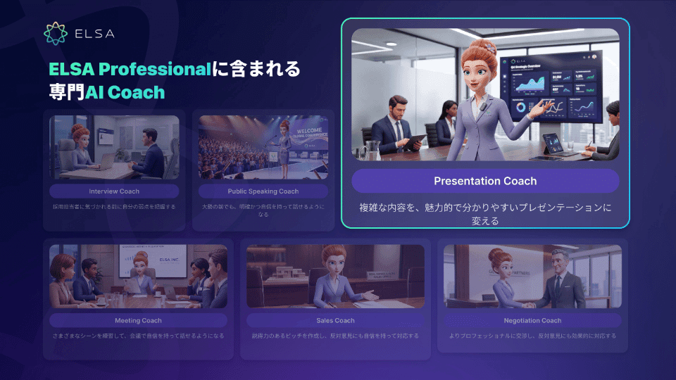 Presentation Coachは、ELSA Professionalの高度なAIプレゼンコーチです