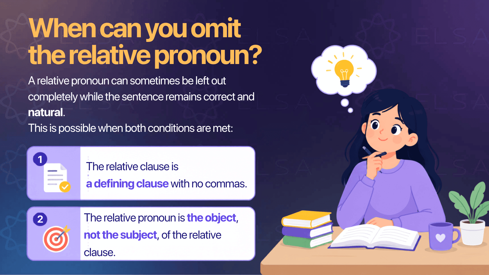 There are 2 conditions that are needed to omit a relative pronoun