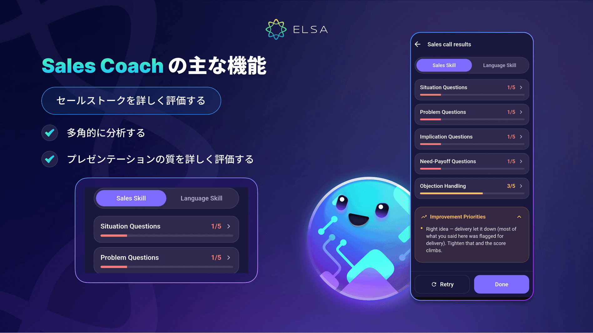 Sales Coachでは、多角的な評価指標に基づいてセールススキルを詳しく評価します。