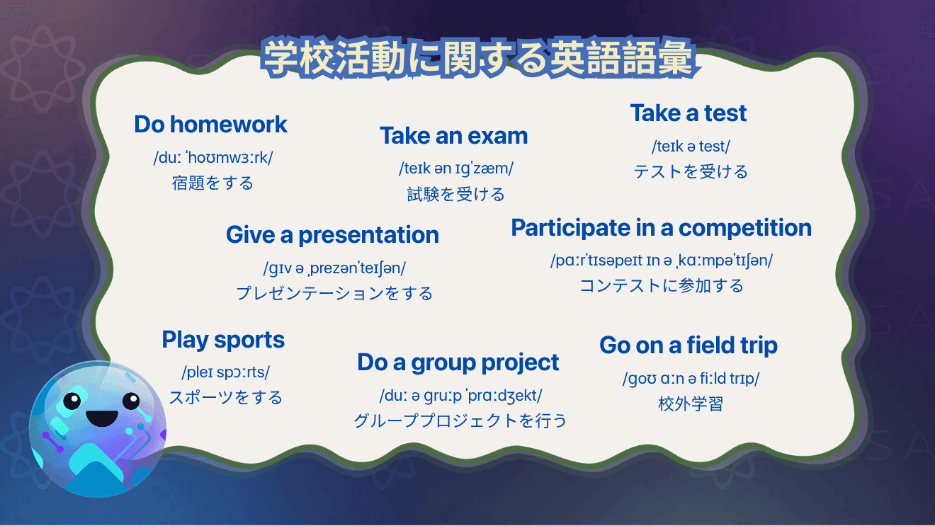 授業、試験、宿題、課外活動など学校生活に関する英単語をまとめた内容