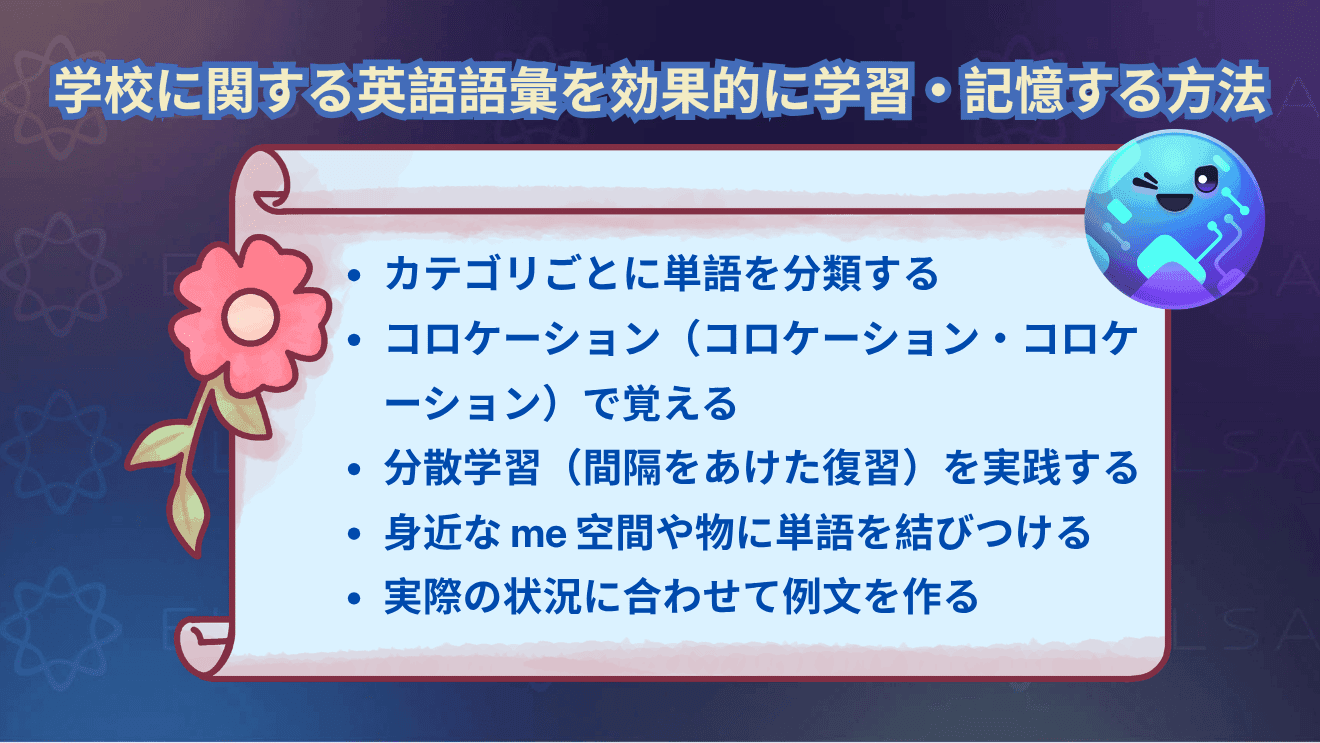 学校に関する英語語彙を効果的に学習・記憶する方法をまとめた内容
