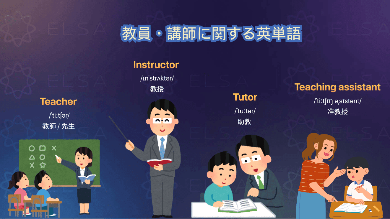 教師、教授、講師、家庭教師など教育に携わる人を表す英単語をまとめた内容