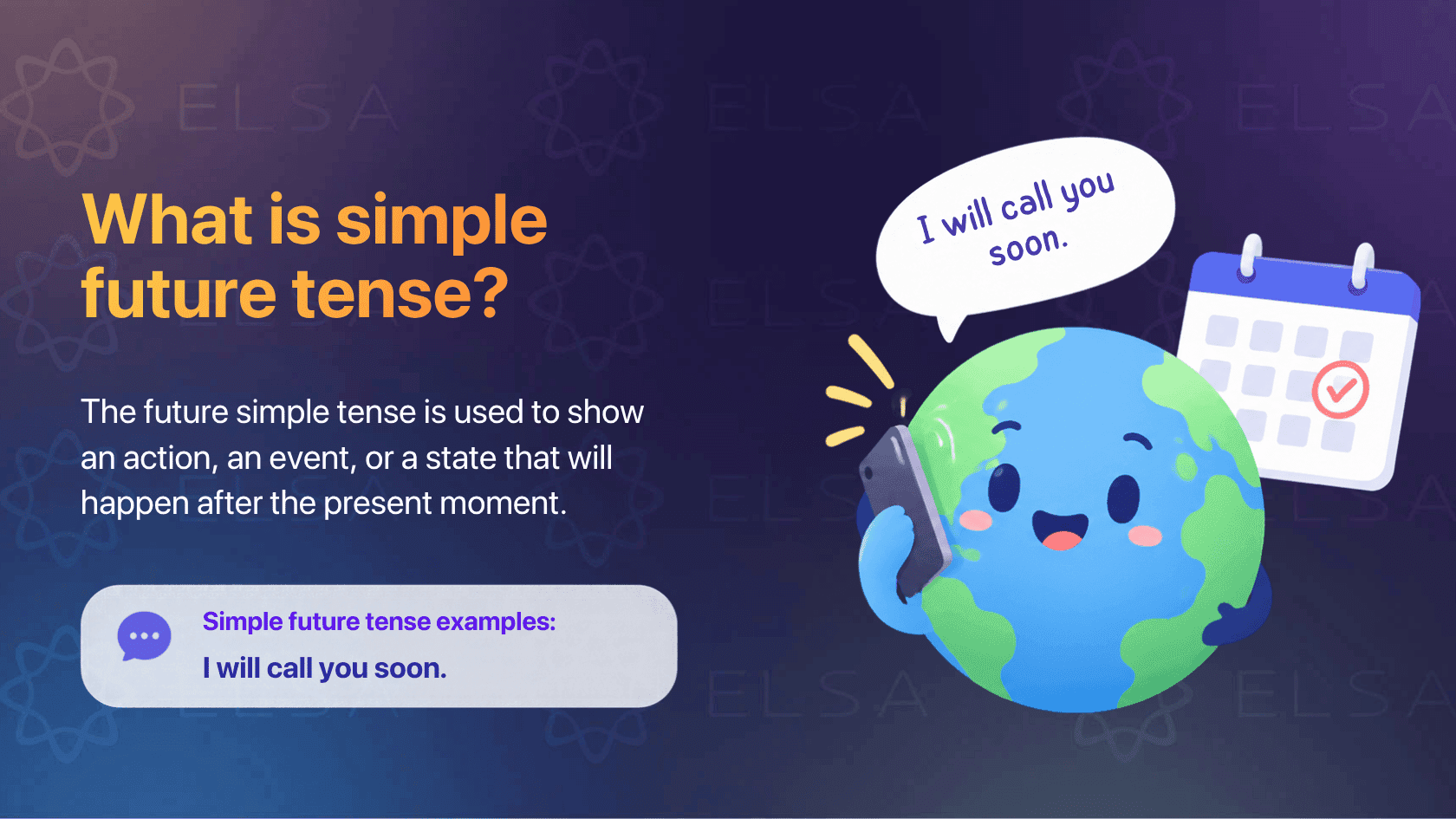 The future simple tense is used to show an action, an event, or a state that will happen after the present moment.