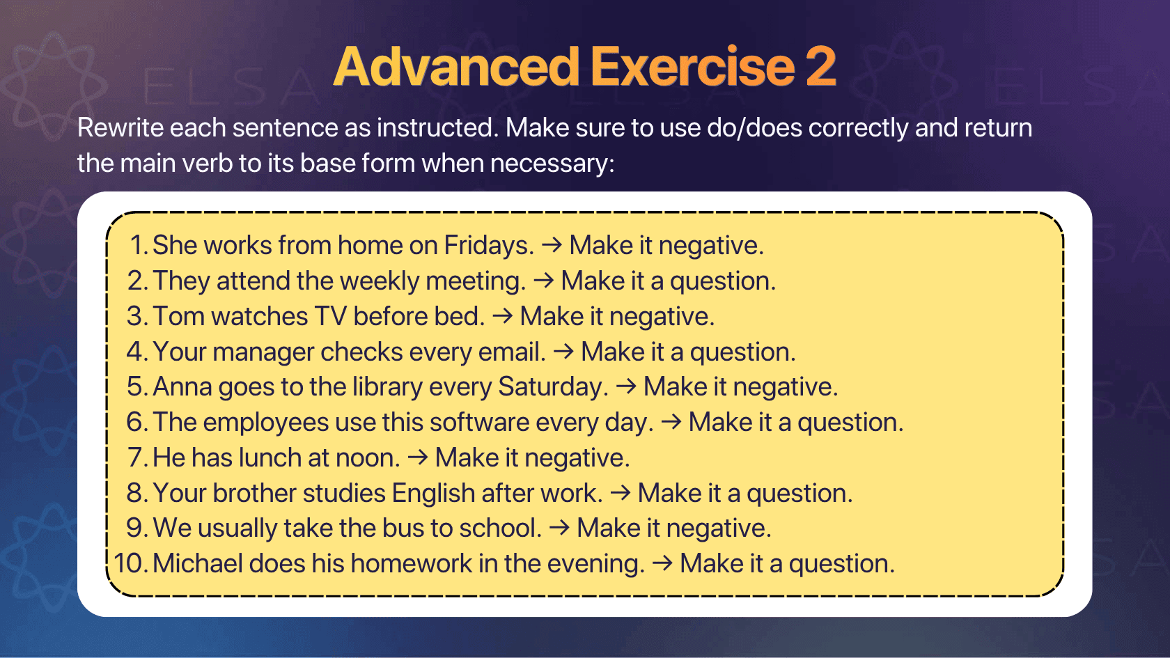 Advanced exercise on simple present tense 2