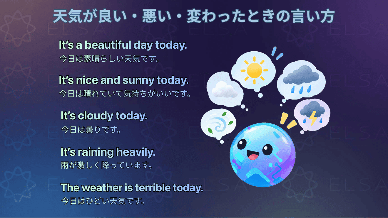 天気が良い・悪い・変わったときの感想を伝える英語表現をまとめた内容